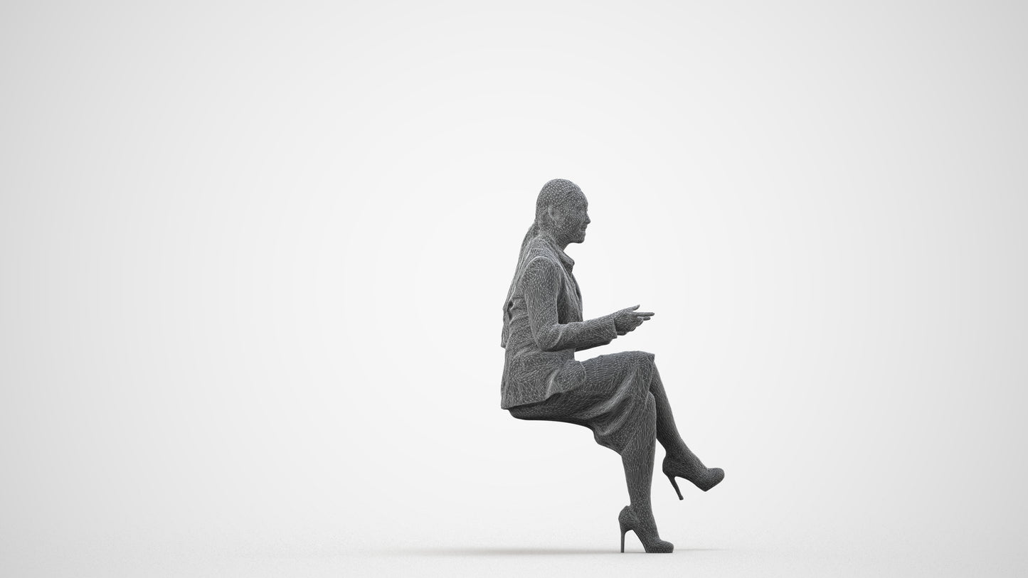 realistic 3D woman business sitting, scanned archviz people for Blender and 3ds Max, wireframe side view
