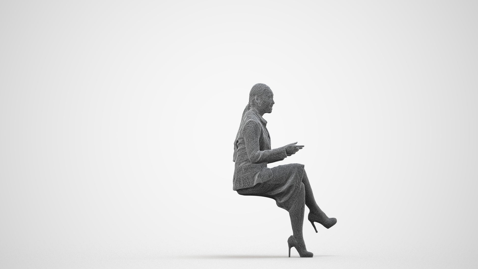 realistic 3D woman business sitting, scanned archviz people for Blender and 3ds Max, wireframe side view
