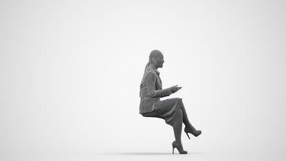 realistic 3D woman business sitting, scanned archviz people for Blender and 3ds Max, wireframe side view