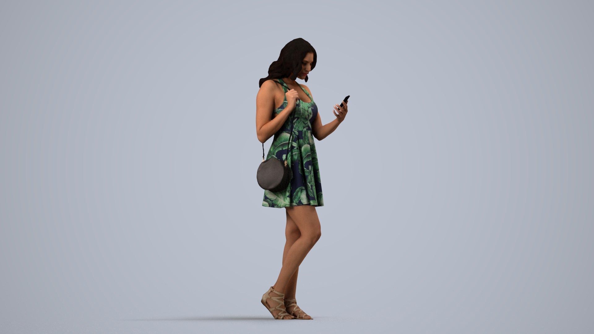 3D people model woman standing, scanned human for 3ds Max rendering, side view render