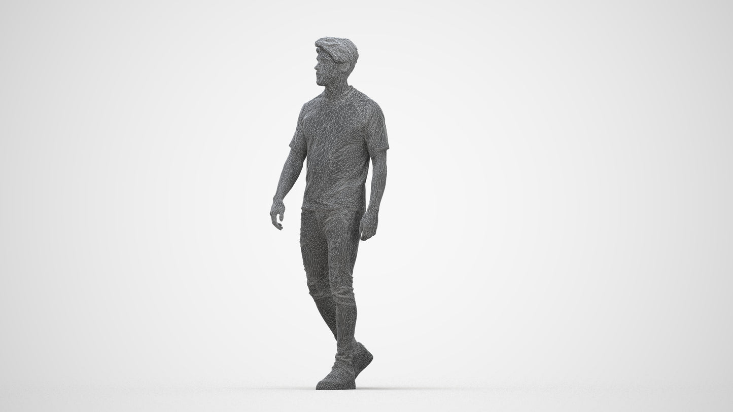 photogrammetry 3D man casual walking, realistic human model archviz FBX, wireframe back view