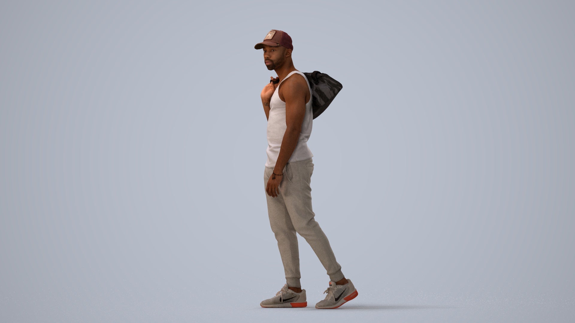 photogrammetry 3D man casual walking, realistic human model archviz FBX, three-quarter view render