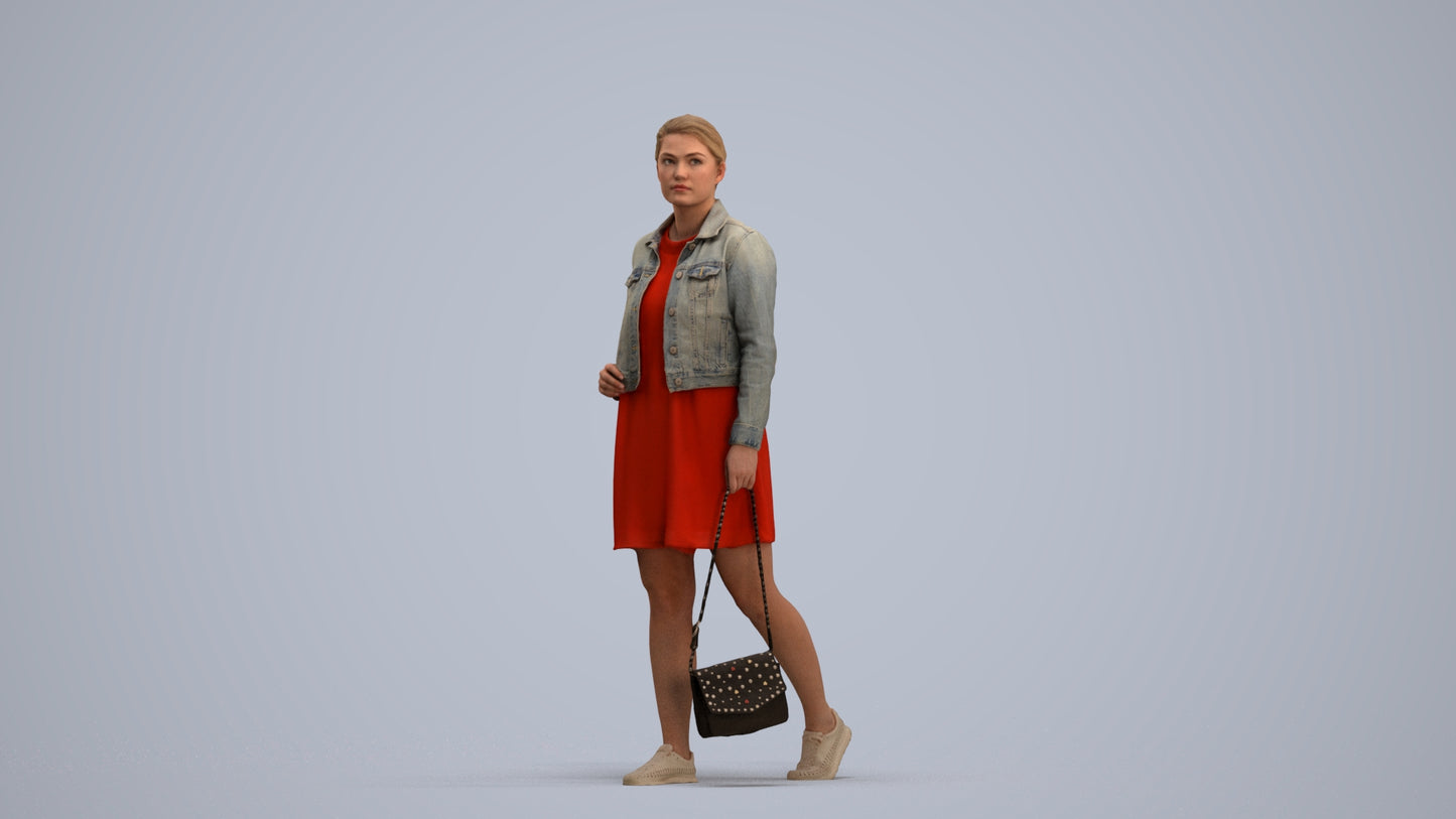 3D human model woman casual walking, photogrammetry scanned person for archviz, standing pose render