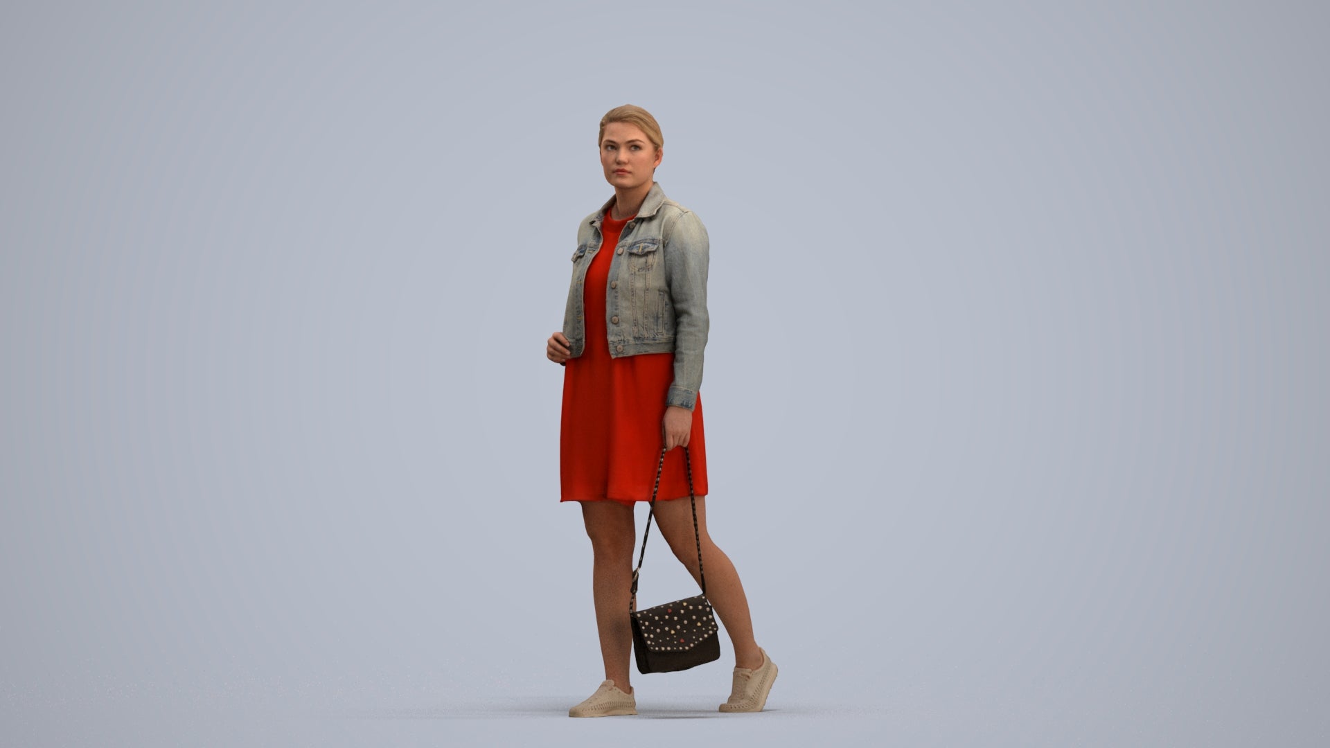 3D human model woman casual walking, photogrammetry scanned person for archviz, standing pose render
