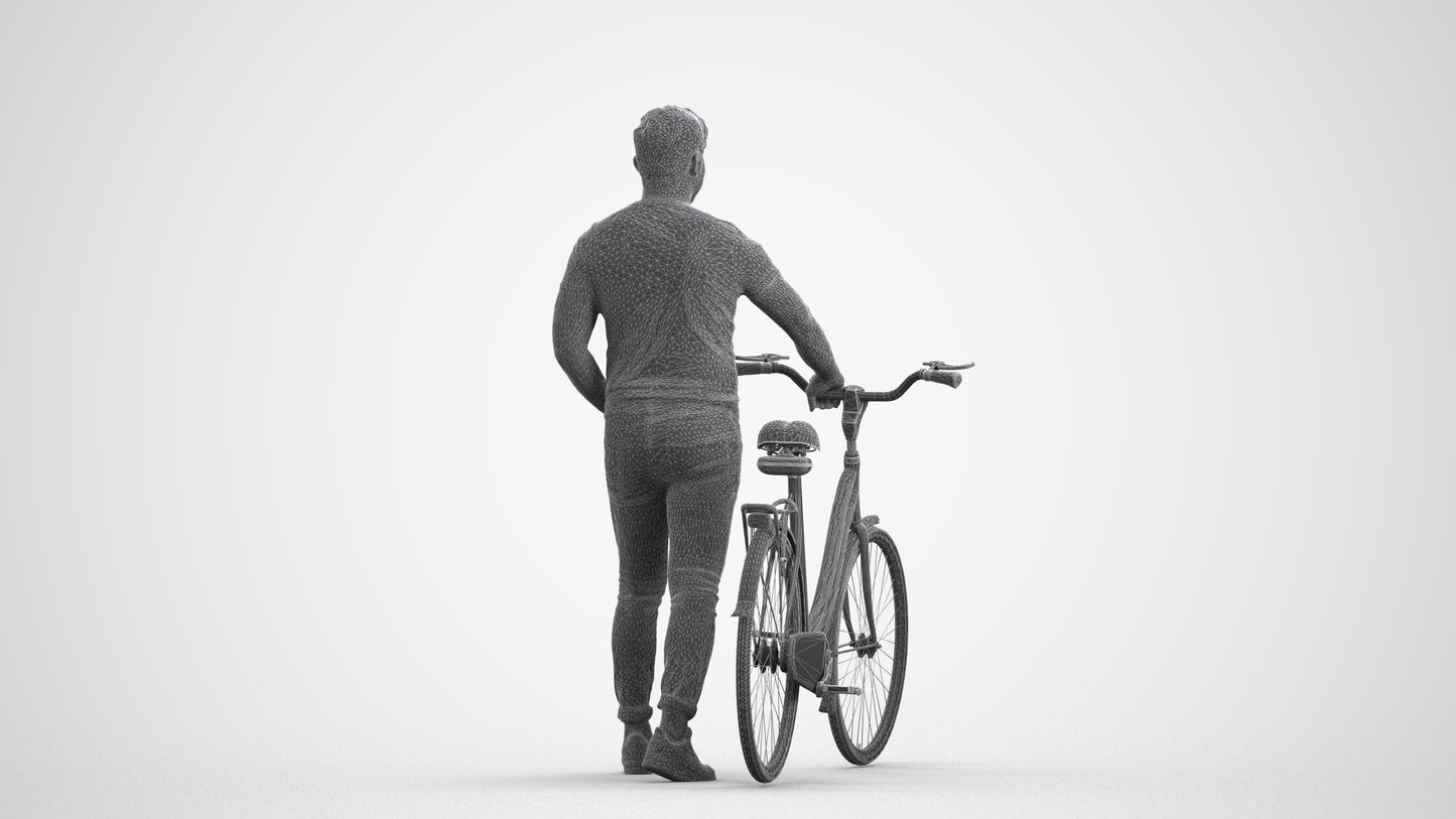 realistic 3D man casual cycling, scanned archviz people for Blender and 3ds Max, wireframe front view