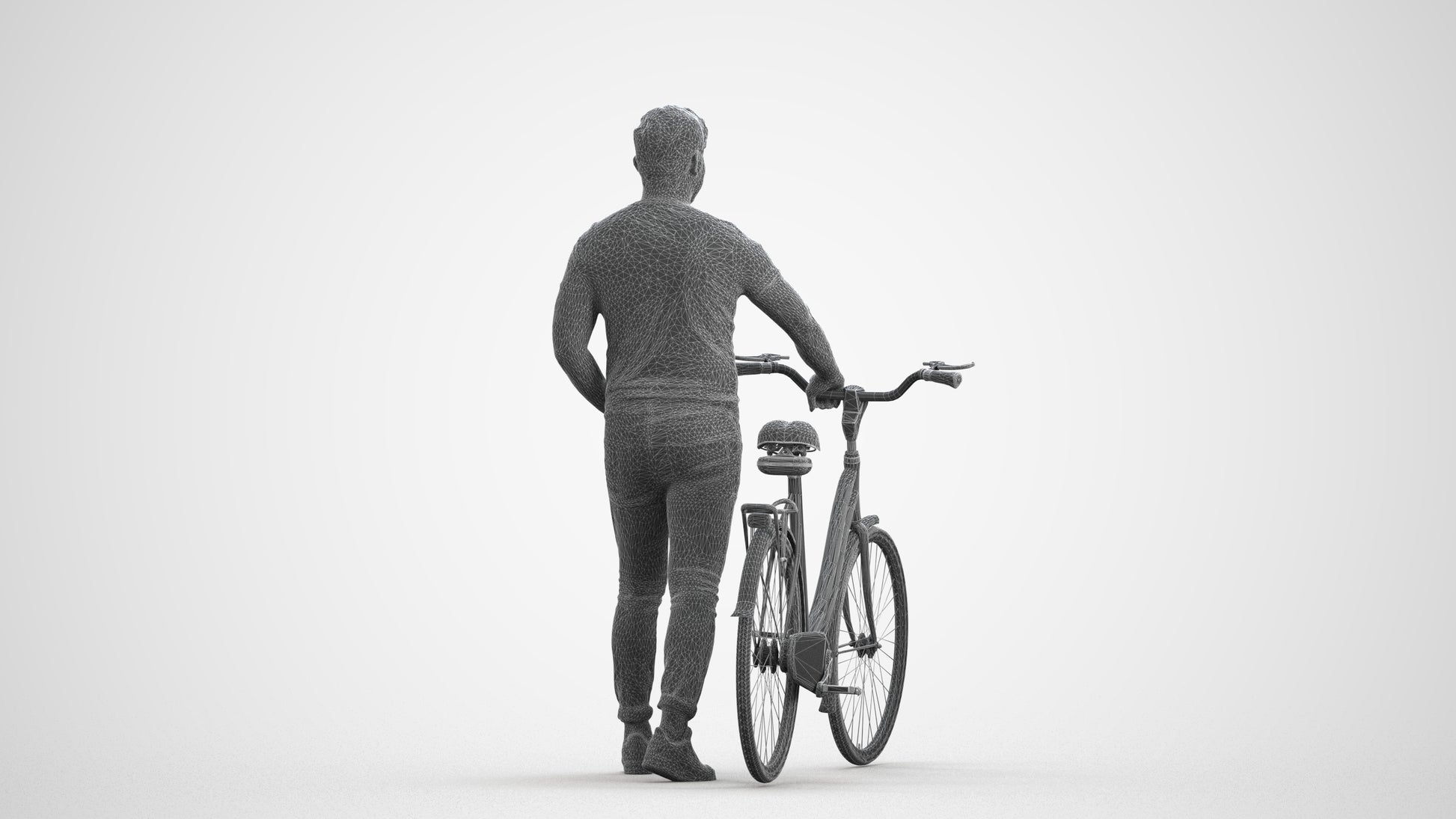 realistic 3D man casual cycling, scanned archviz people for Blender and 3ds Max, wireframe front view