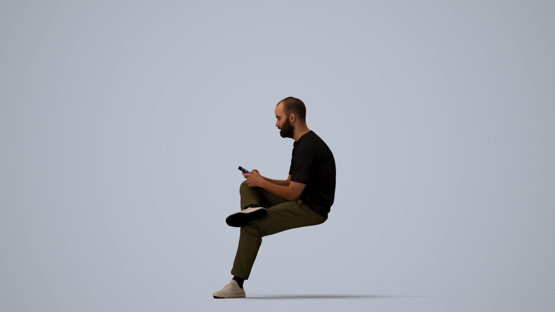 photogrammetry 3D man casual sitting, realistic human model archviz FBX, three-quarter view render