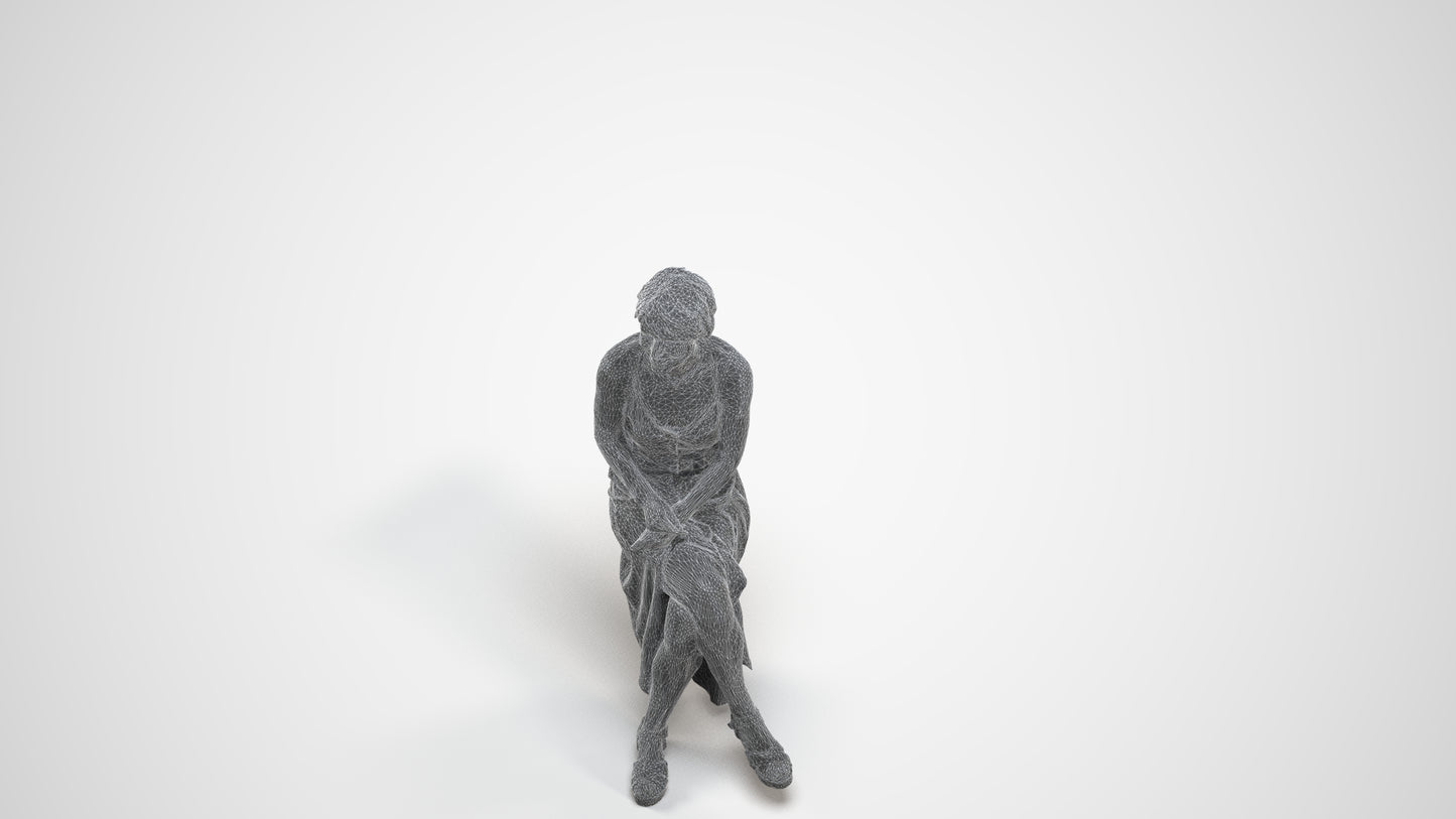 3D people model senior woman sitting, scanned human for 3ds Max rendering, wireframe three-quarter view