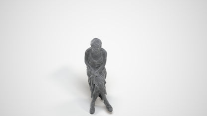 3D people model senior woman sitting, scanned human for 3ds Max rendering, wireframe three-quarter view