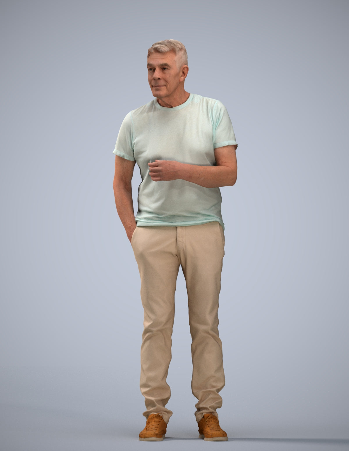 3D human model senior man casual standing, photogrammetry scanned person for archviz