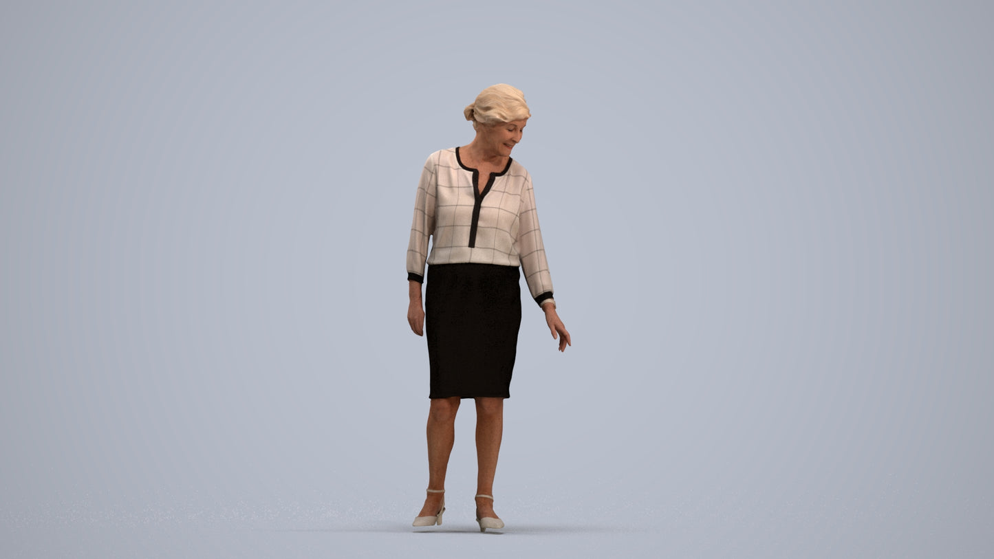 3D human model senior woman business standing, photogrammetry scanned person for archviz, standing pose render