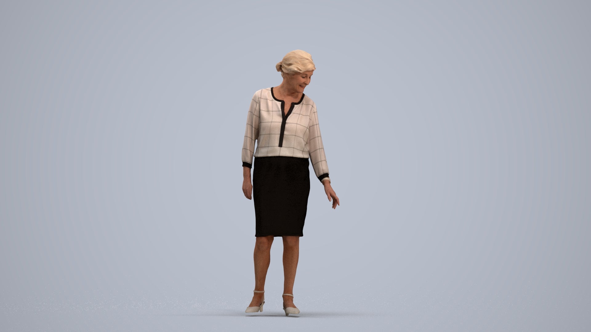 3D human model senior woman business standing, photogrammetry scanned person for archviz, standing pose render