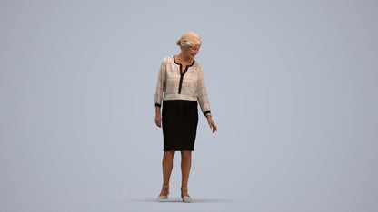 3D human model senior woman business standing, photogrammetry scanned person for archviz, standing pose render