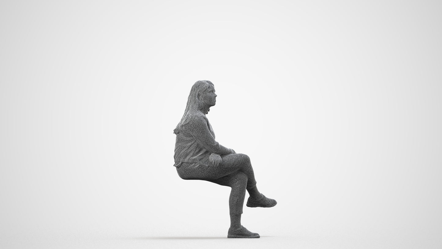 3D human model woman casual sitting, photogrammetry scanned person for archviz, wireframe side view