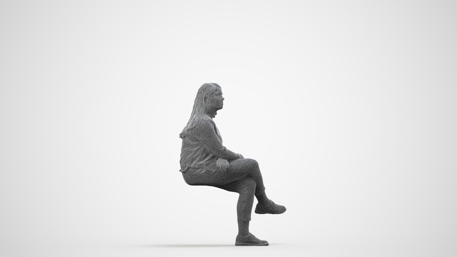 3D human model woman casual sitting, photogrammetry scanned person for archviz, wireframe side view