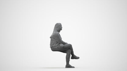 3D human model woman casual sitting, photogrammetry scanned person for archviz, wireframe side view