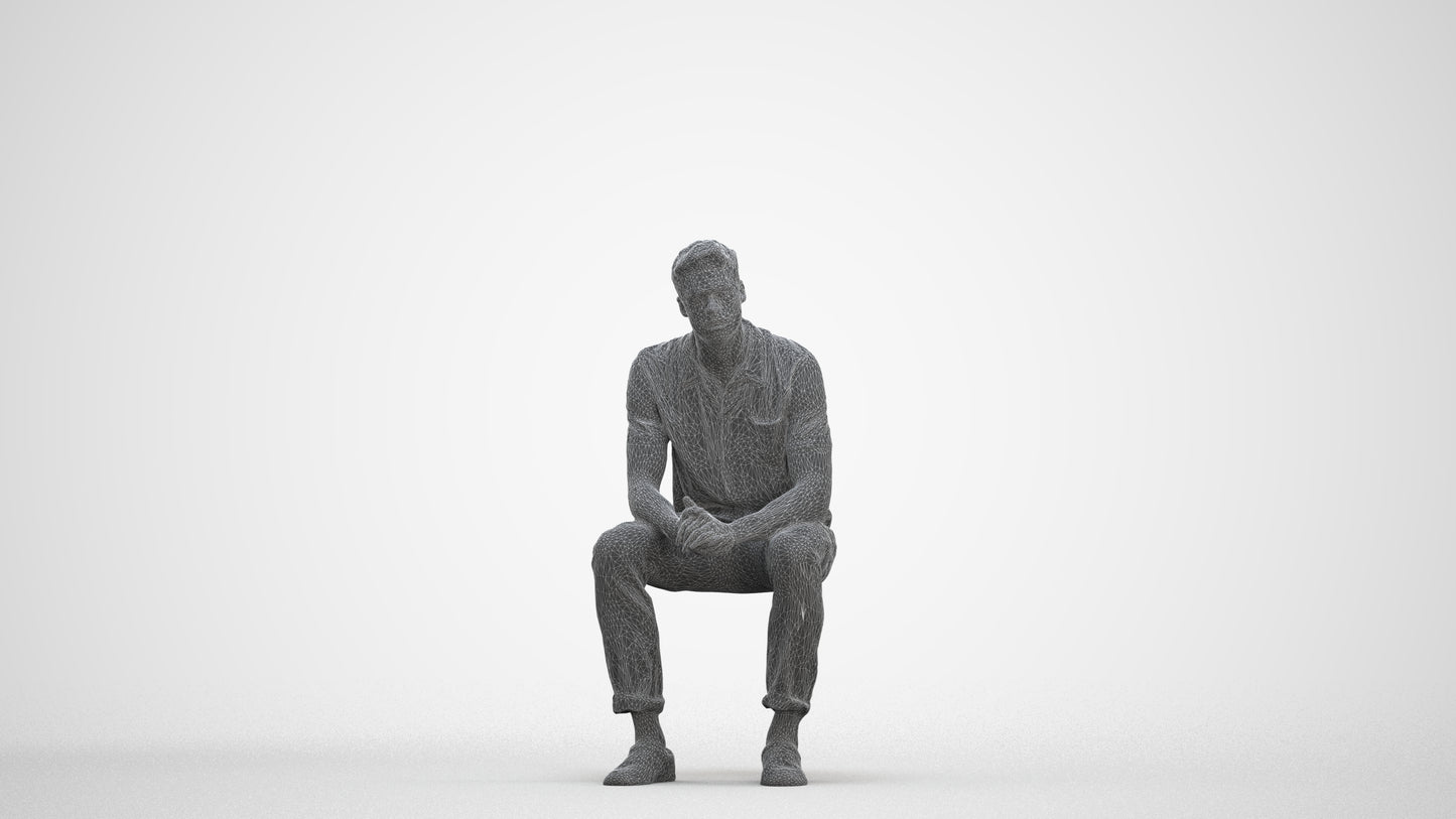 3D scanned man sitting casual, photorealistic archviz people for Enscape and SketchUp, three-quarter front view render