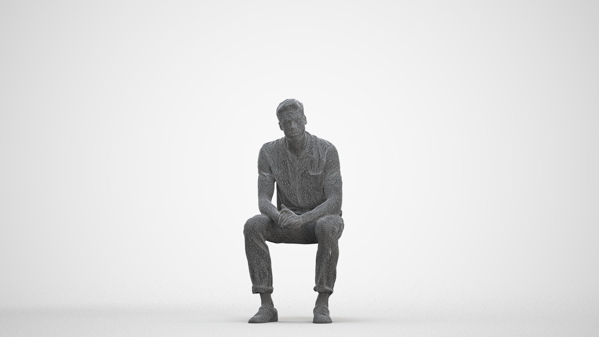 3D scanned man sitting casual, photorealistic archviz people for Enscape and SketchUp, three-quarter front view render
