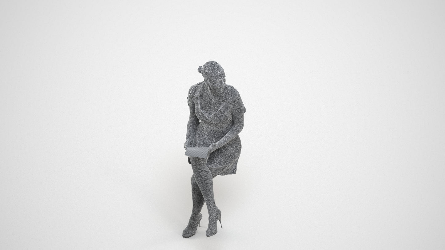 3D scanned woman sitting business, photorealistic archviz people for Enscape and SketchUp, wireframe three-quarter view