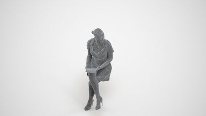 3D scanned woman sitting business, photorealistic archviz people for Enscape and SketchUp, wireframe three-quarter view