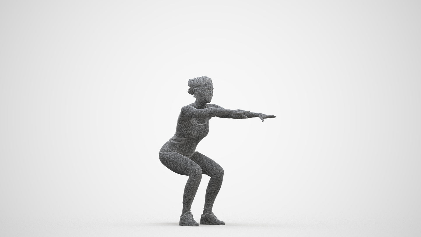 3D human model woman sport, photogrammetry scanned person for archviz, three-quarter front view render