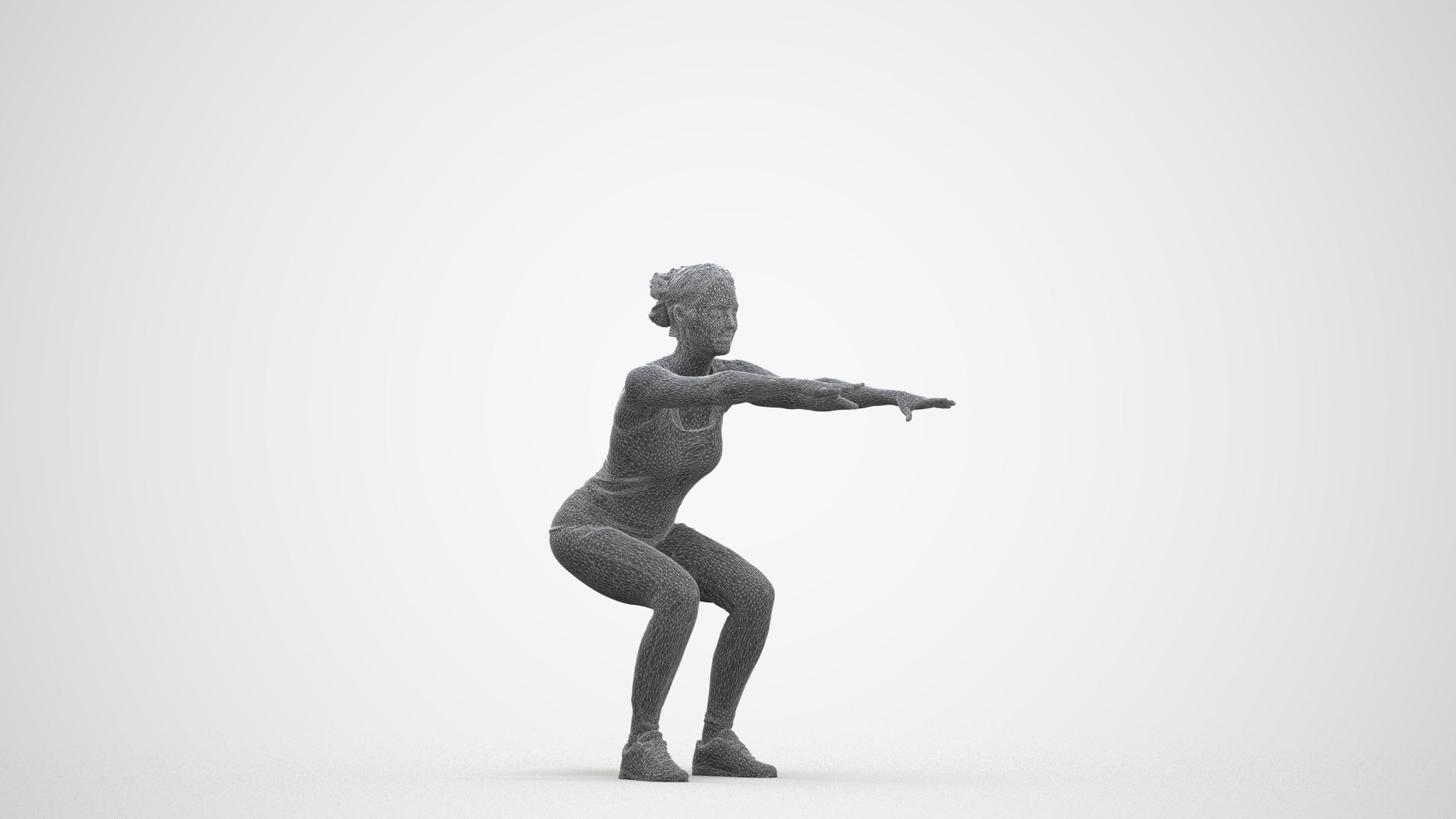 3D human model woman sport, photogrammetry scanned person for archviz, three-quarter front view render