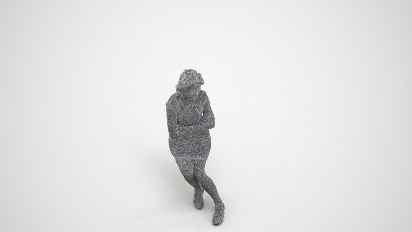 scanned 3D woman business sitting, photogrammetry people for Enscape and V-Ray, wireframe three-quarter view