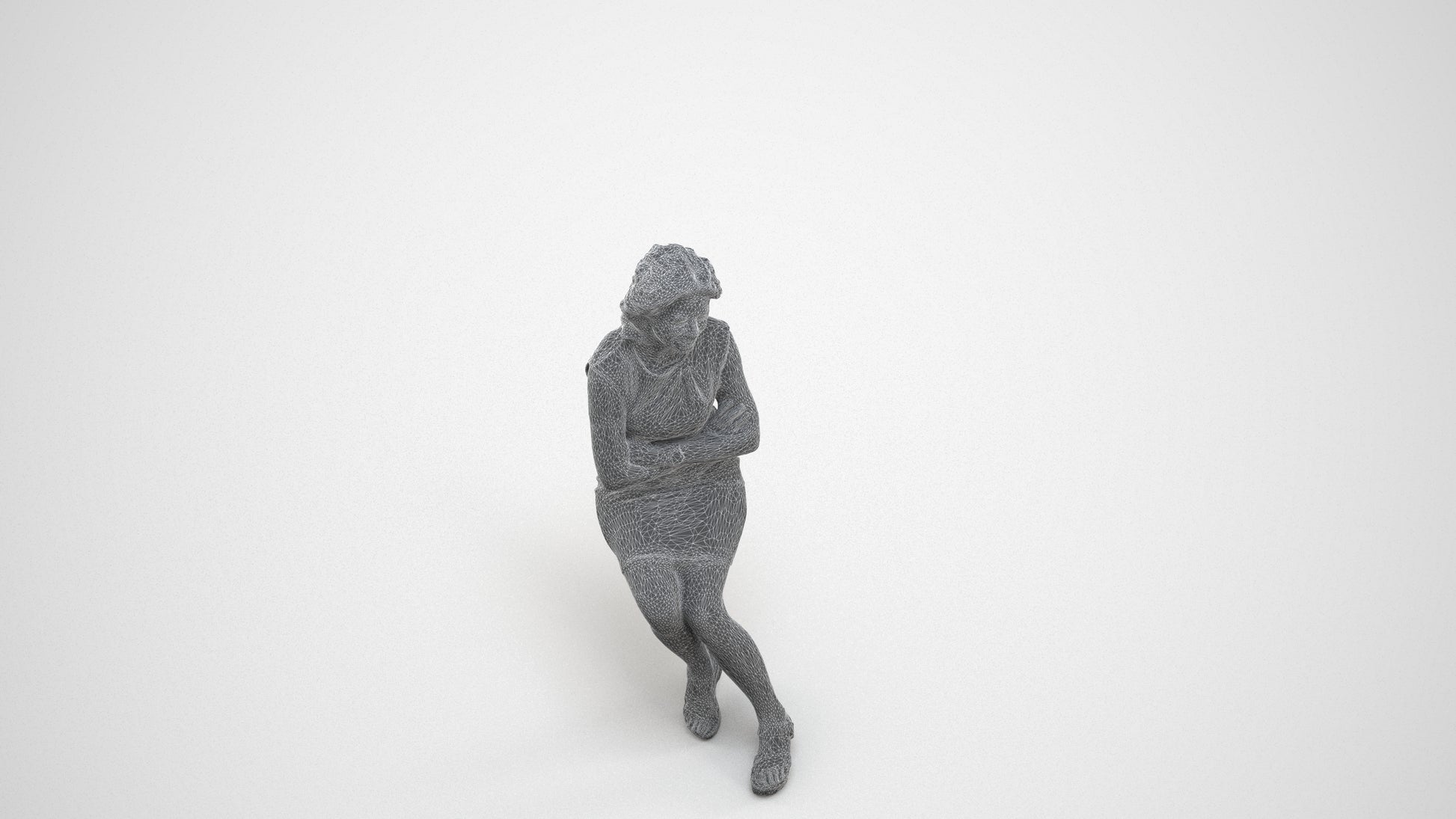 scanned 3D woman business sitting, photogrammetry people for Enscape and V-Ray, wireframe three-quarter view