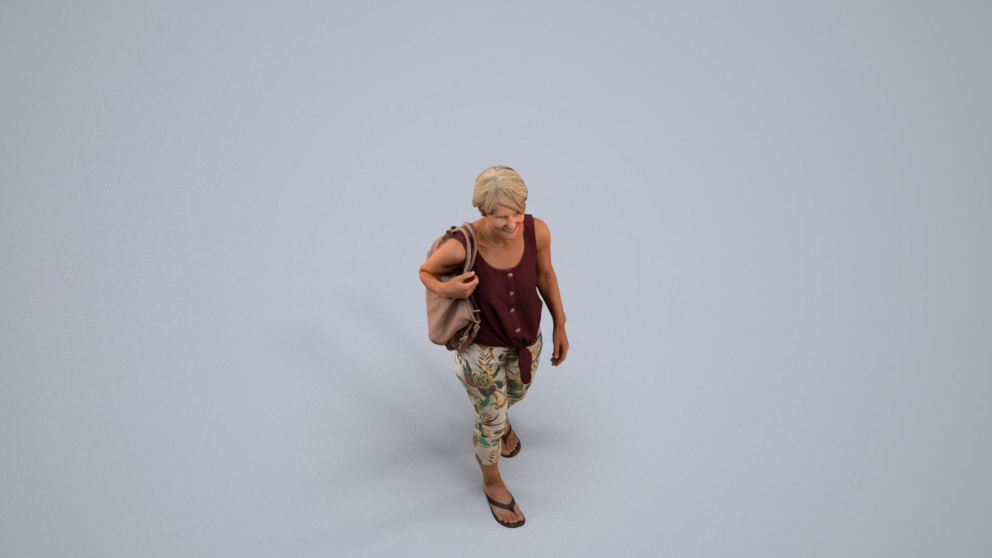 realistic 3D human senior woman walking, archviz people FBX OBJ for Blender, back view render