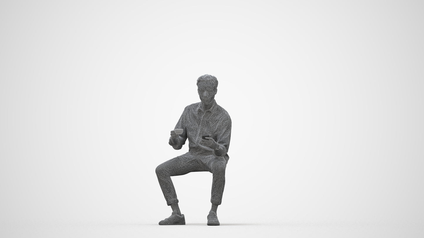 3D human model man casual sitting, photogrammetry scanned person for archviz, wireframe back view