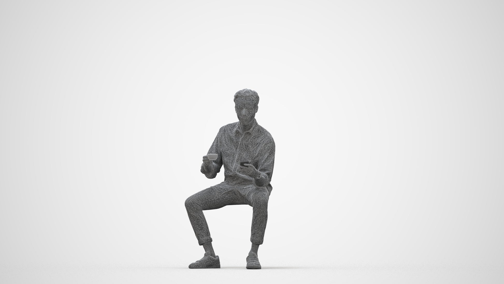 3D human model man casual sitting, photogrammetry scanned person for archviz, wireframe back view
