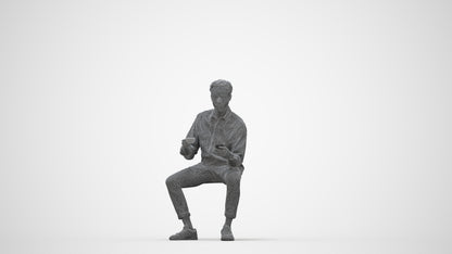 3D human model man casual sitting, photogrammetry scanned person for archviz, wireframe back view