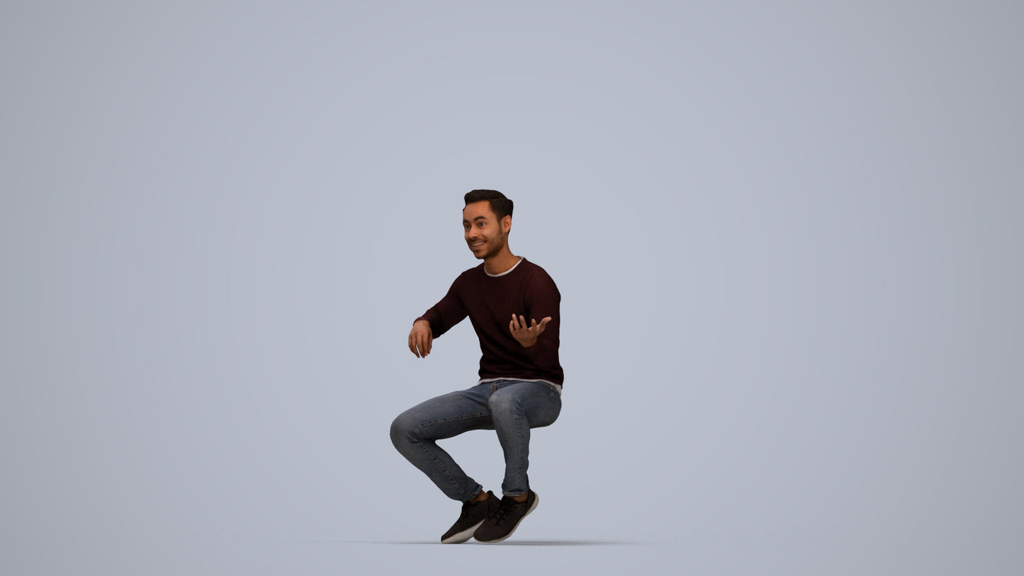 3D people model man casual sitting, scanned human for 3ds Max rendering, top-down view render