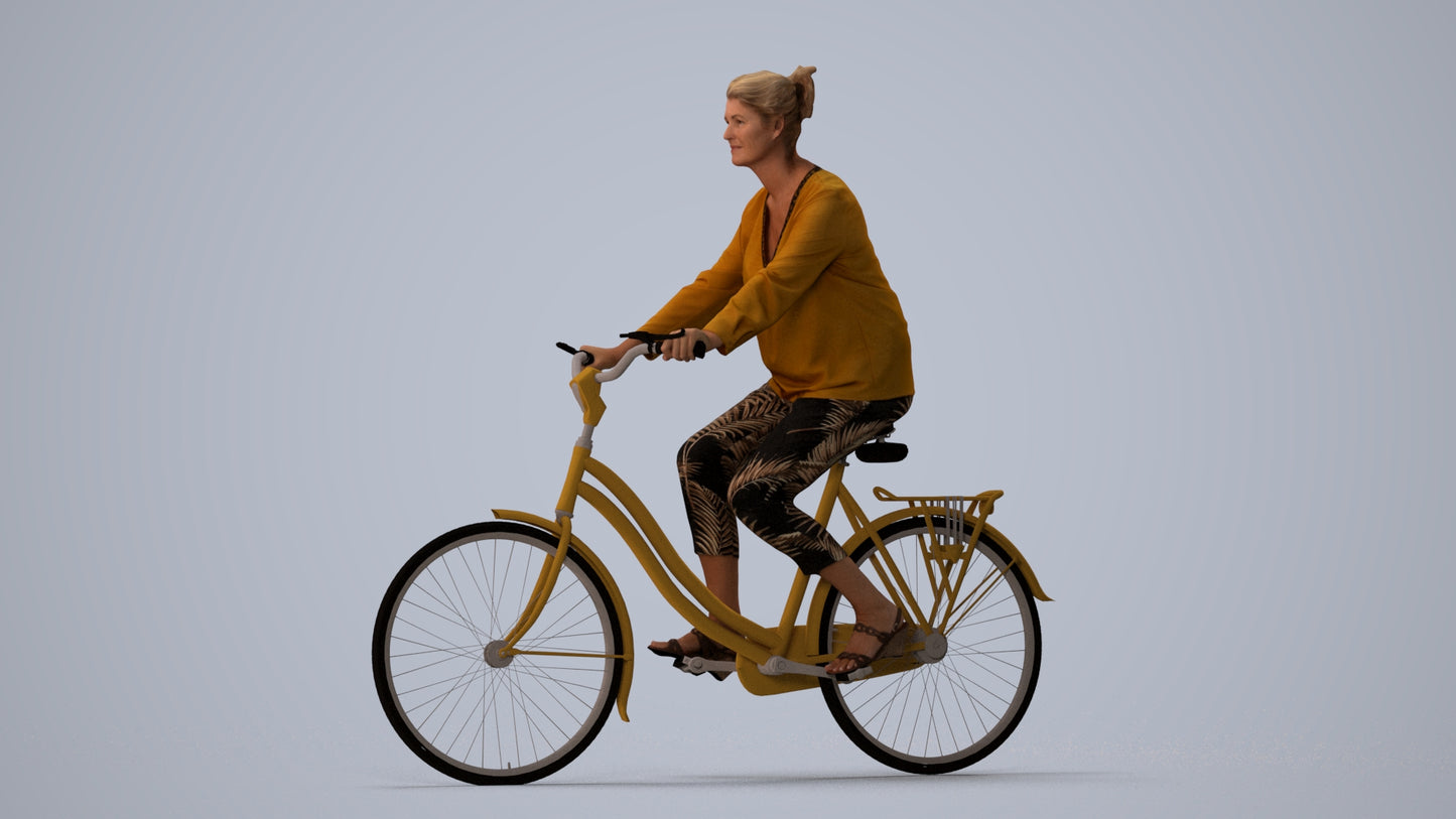 3D scanned woman cycling casual, photorealistic archviz people for Enscape and SketchUp, three-quarter view render