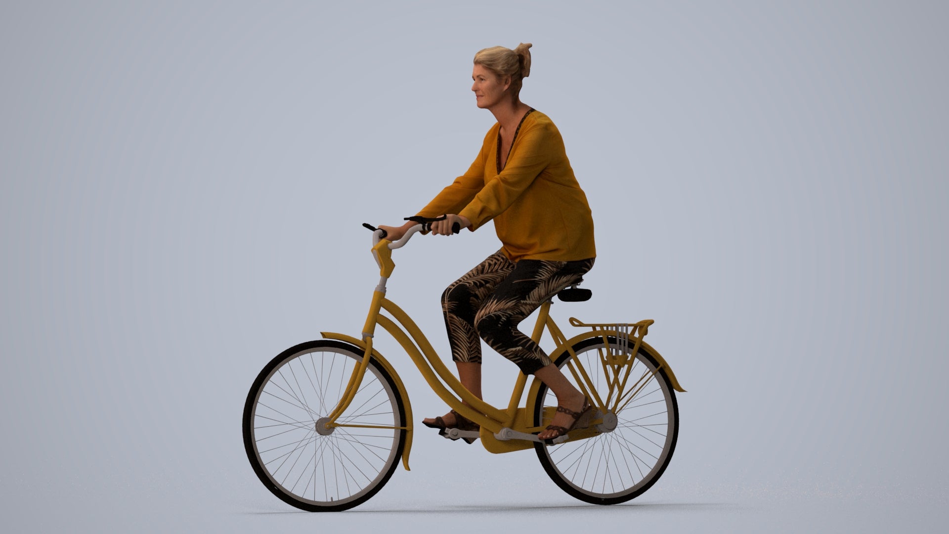 3D scanned woman cycling casual, photorealistic archviz people for Enscape and SketchUp, three-quarter view render