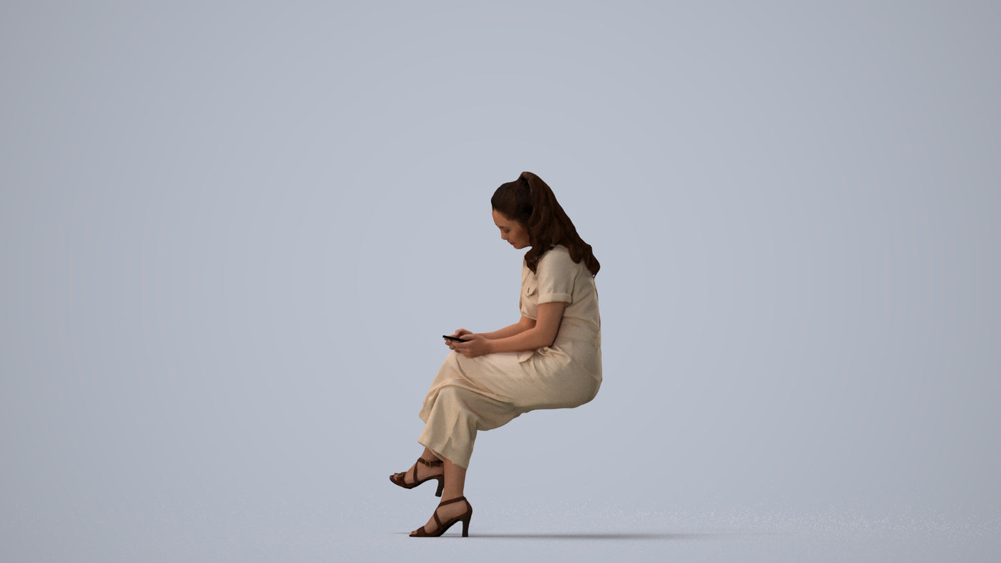 photogrammetry 3D woman formal sitting, realistic human model archviz FBX, three-quarter view render