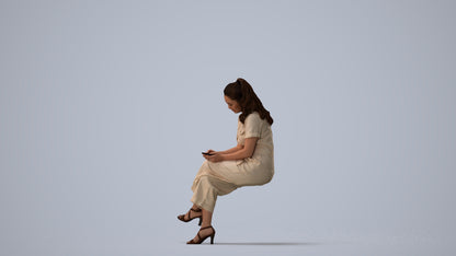 photogrammetry 3D woman formal sitting, realistic human model archviz FBX, three-quarter view render