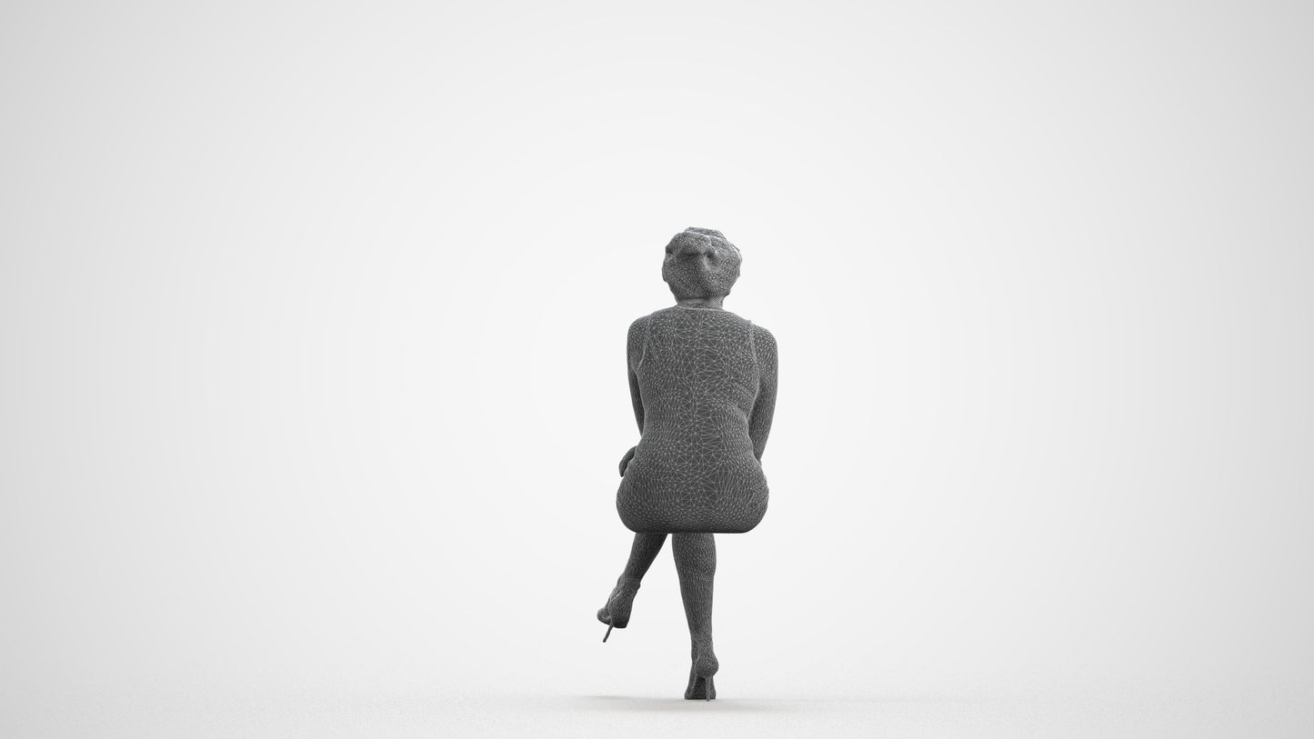 scanned 3D woman casual sitting, photogrammetry people for Enscape and V-Ray, wireframe front view