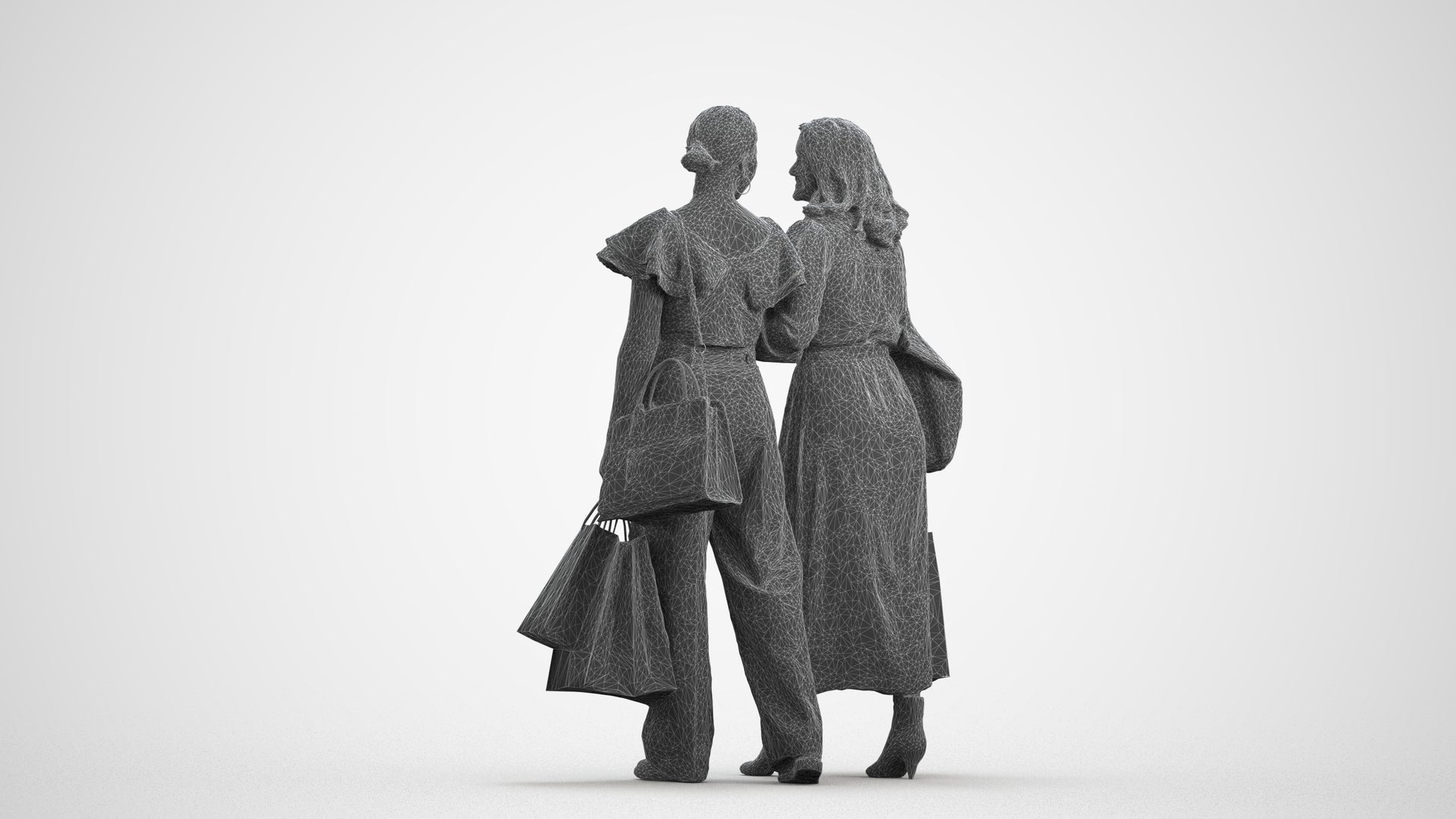 realistic 3D human woman shopping, archviz people FBX OBJ for Blender, wireframe front view