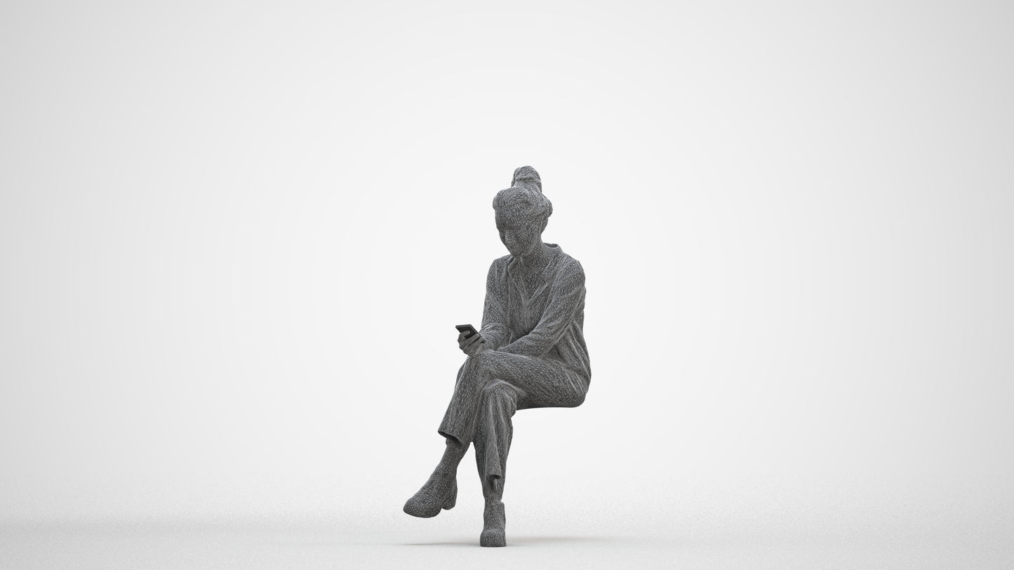photogrammetry 3D woman casual sitting, realistic human model archviz FBX, three-quarter front view render