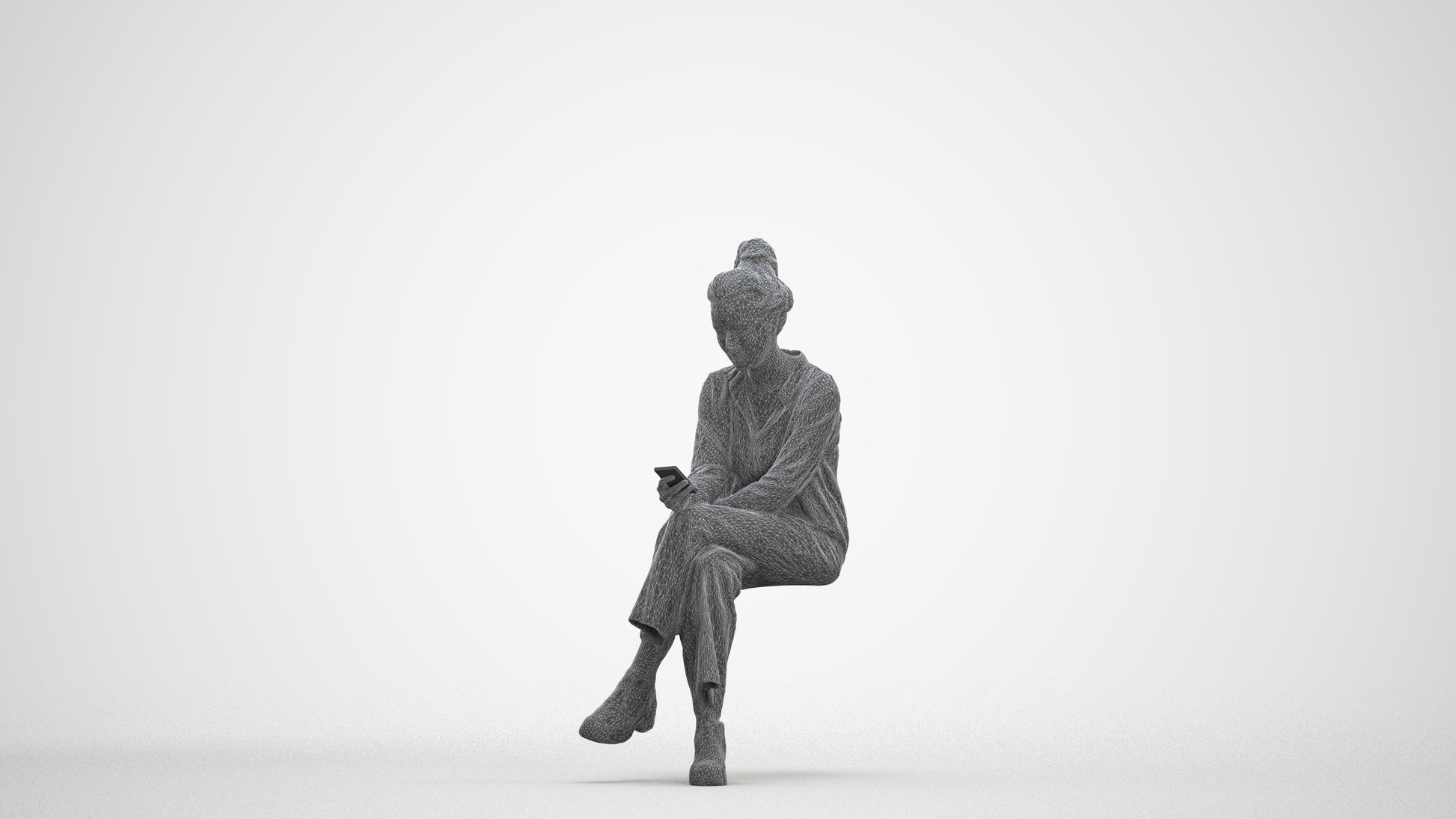 photogrammetry 3D woman casual sitting, realistic human model archviz FBX, three-quarter front view render
