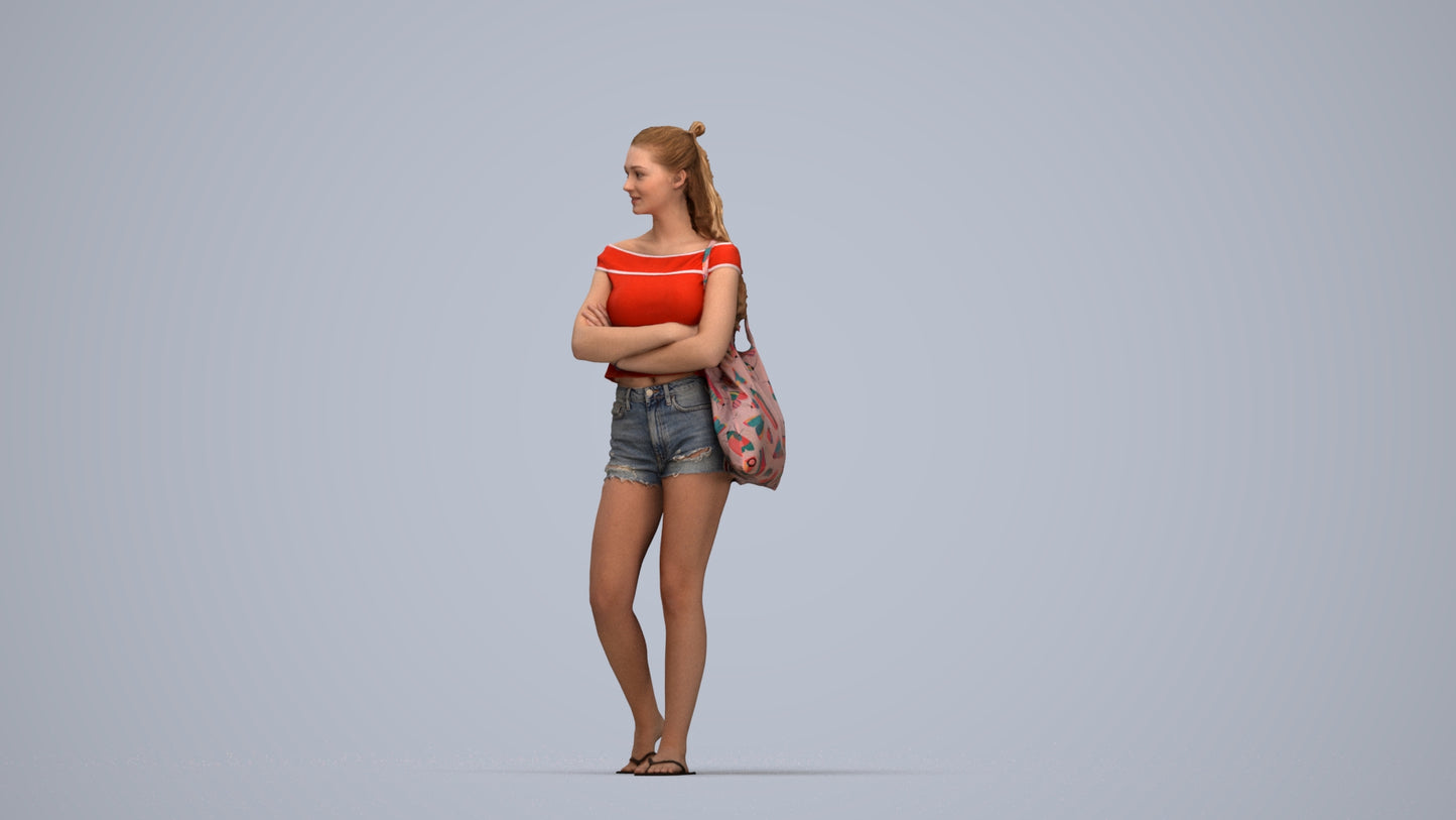 photogrammetry 3D girl casual standing, realistic human model archviz FBX, top-down view render