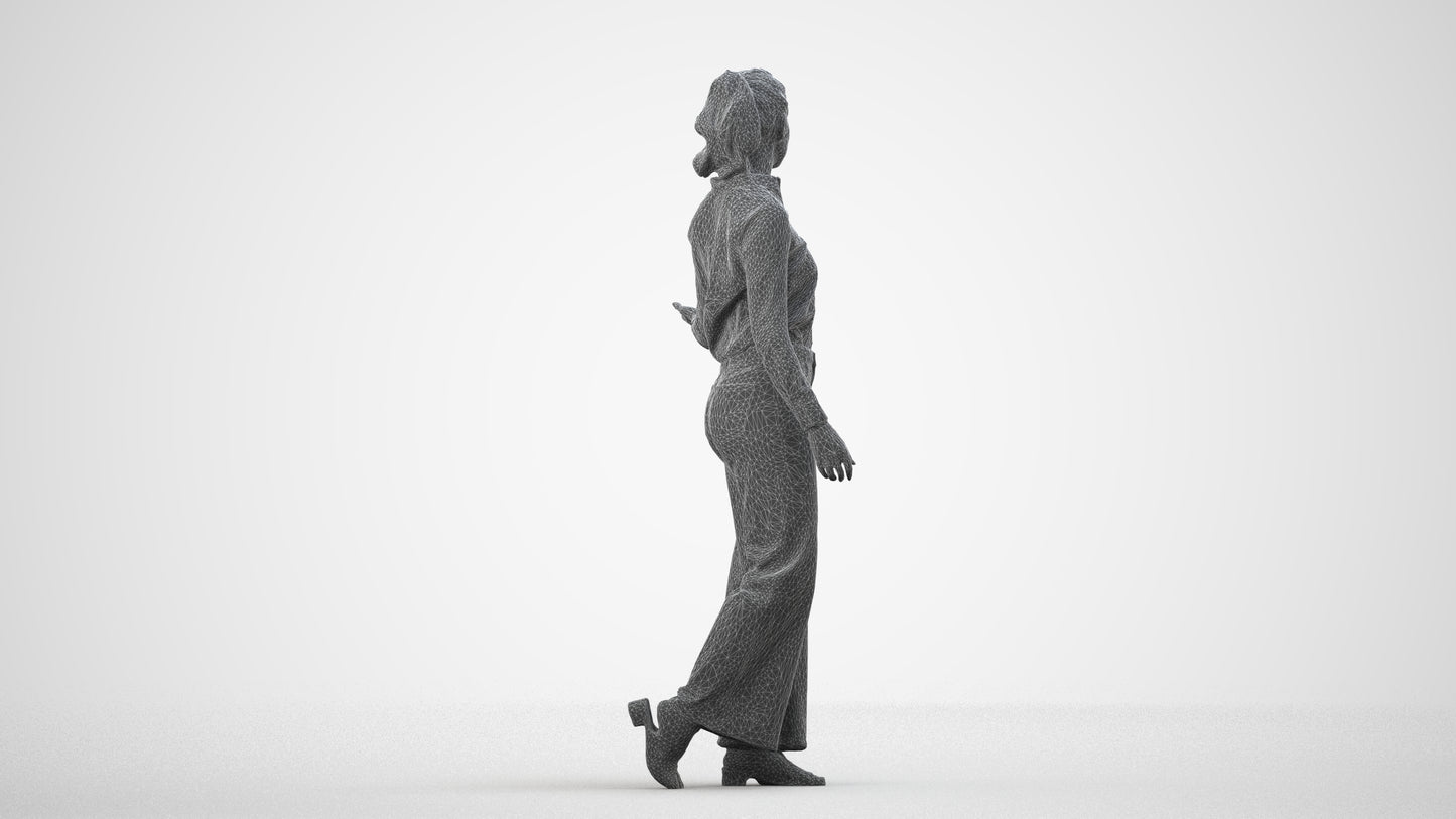 3D scanned woman walking casual, photorealistic archviz people for Enscape and SketchUp, wireframe side view