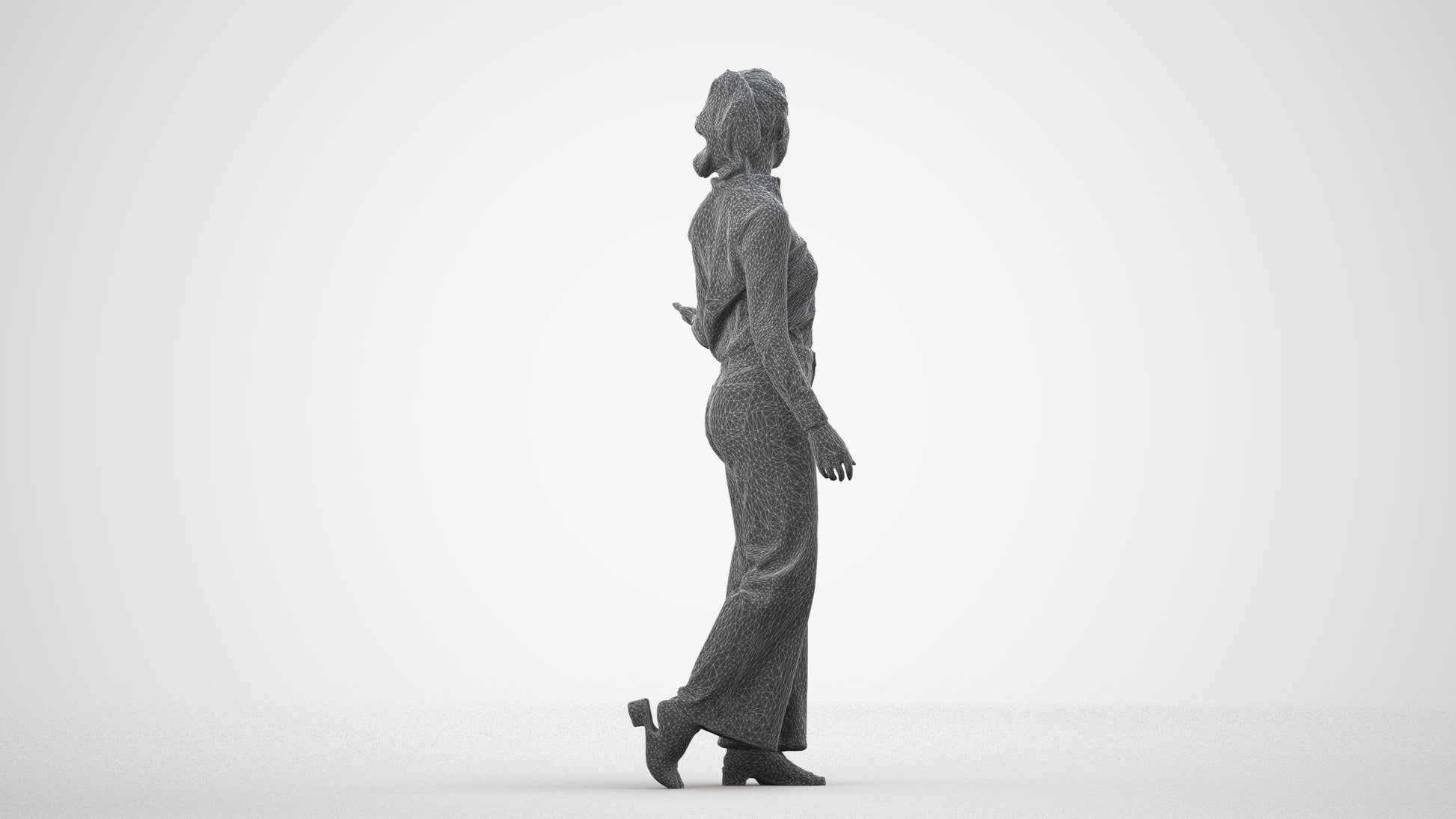3D scanned woman walking casual, photorealistic archviz people for Enscape and SketchUp, wireframe side view