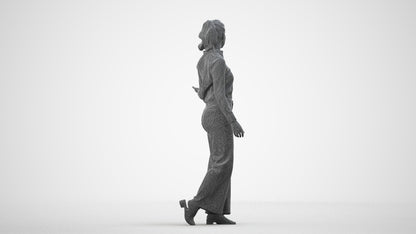 3D scanned woman walking casual, photorealistic archviz people for Enscape and SketchUp, wireframe side view