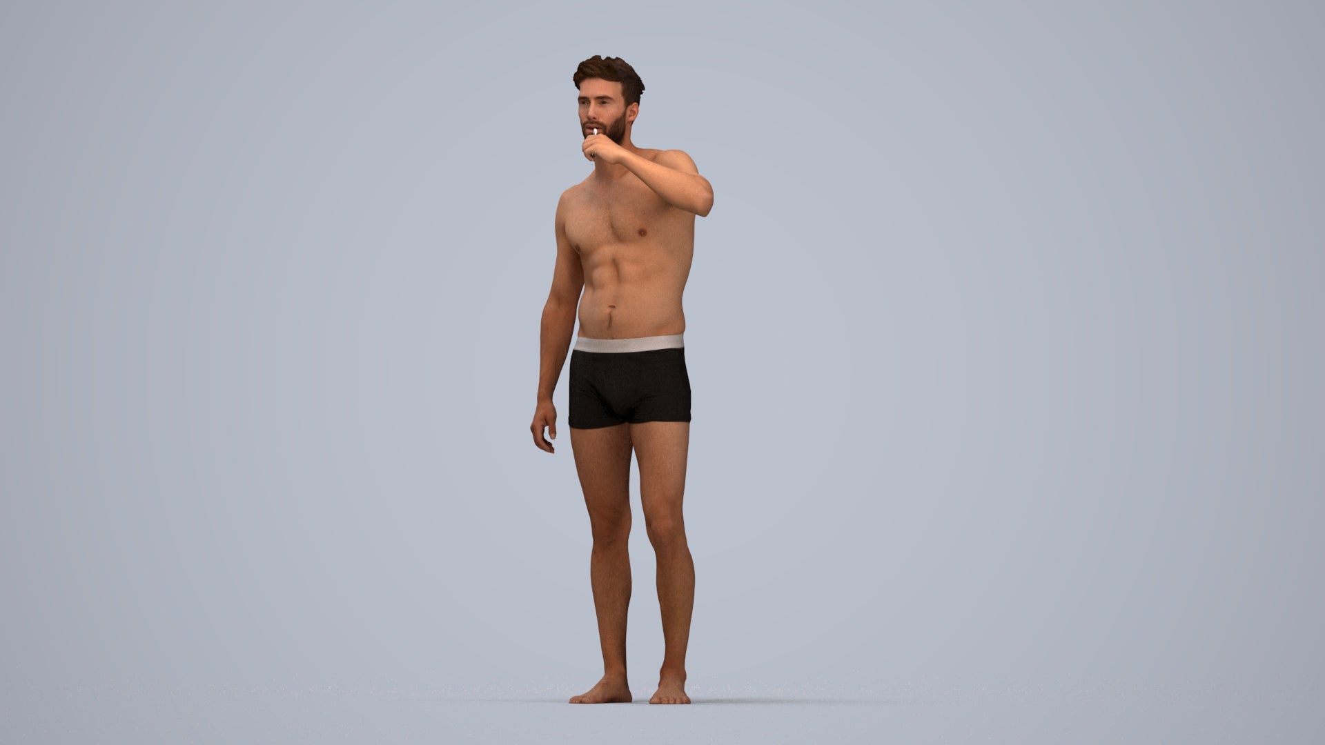 3D human model man bathroom, photogrammetry scanned person for archviz, top-down view render