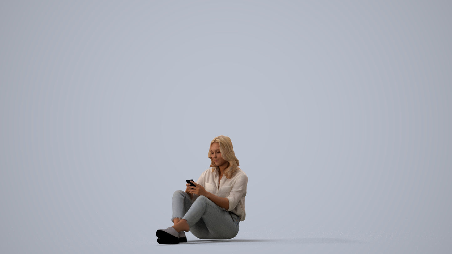 3D people model woman casual sitting, scanned human for 3ds Max rendering, three-quarter view render
