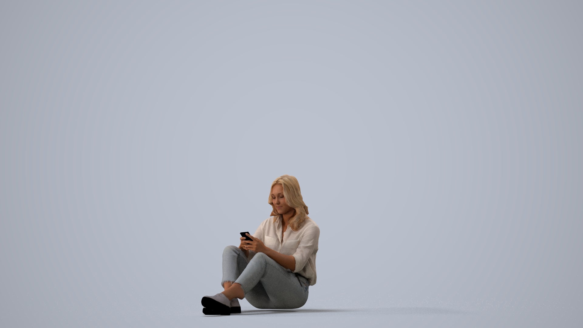 3D people model woman casual sitting, scanned human for 3ds Max rendering, three-quarter view render