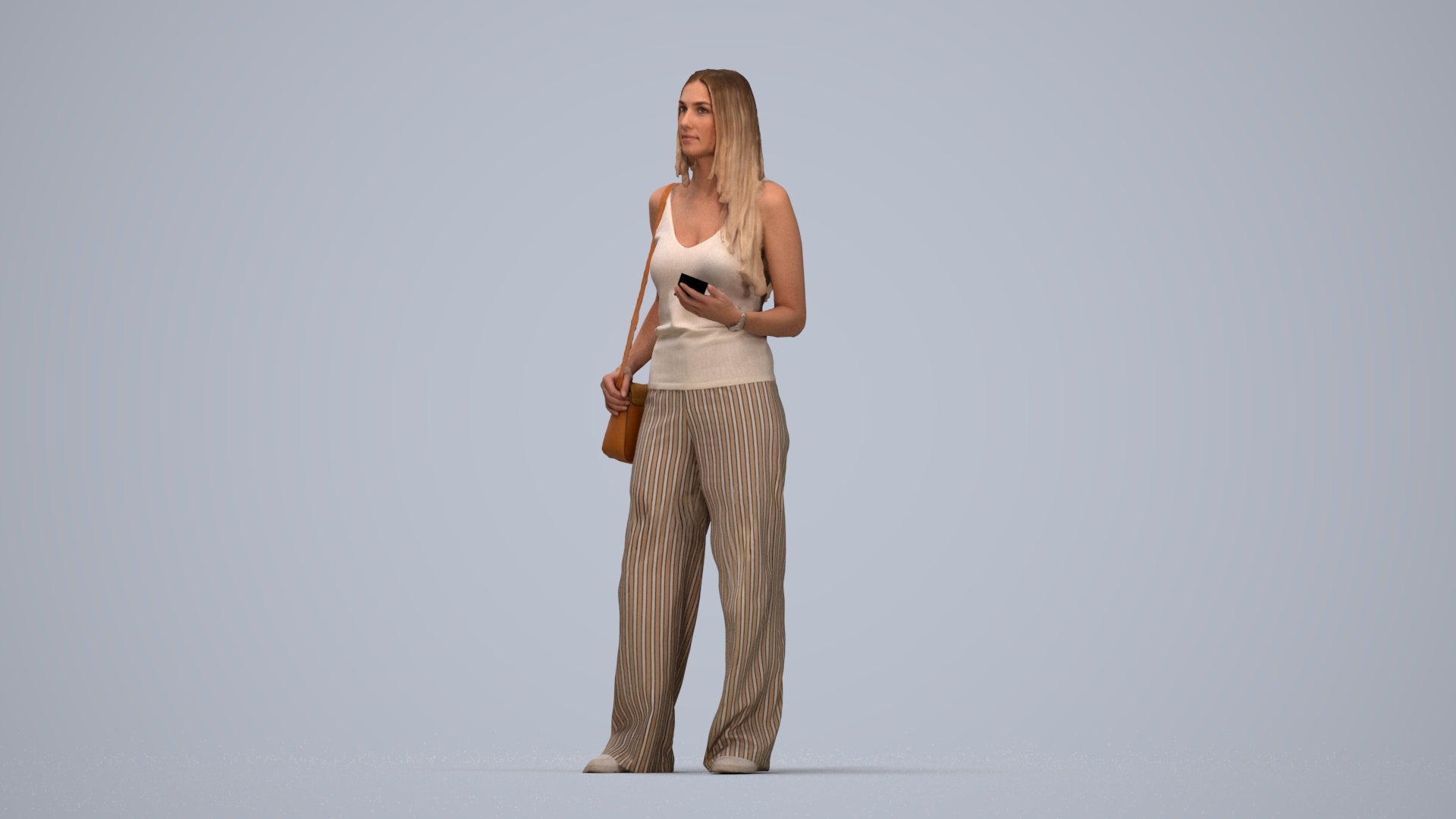 realistic 3D people woman casual standing, render-ready for V-Ray and Corona, FBX OBJ, top-down view render