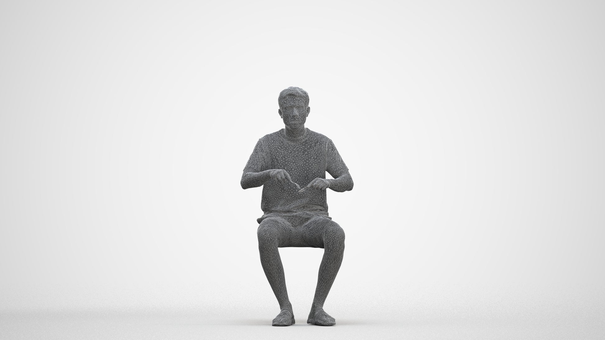 3D human model man casual sitting, photogrammetry scanned person for archviz, three-quarter front view render